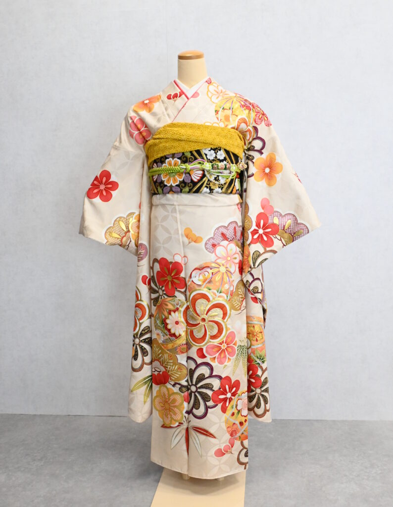 オレンジ紫菊牡丹丸紋